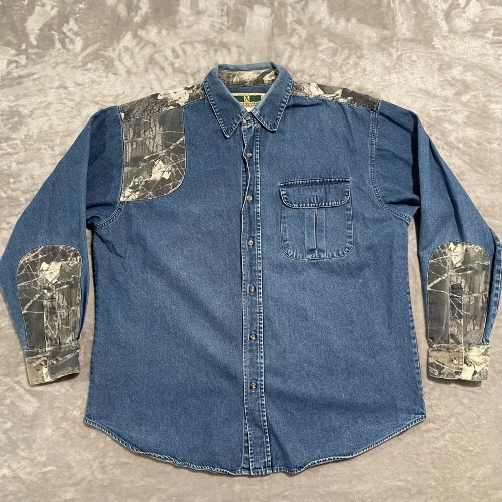 Game Winner Shirt Mens XL Blue Denim Camo Hunting Outdoors